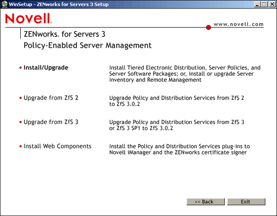 Install/Upgrade option on Policy-Enabled Server Management splash screen