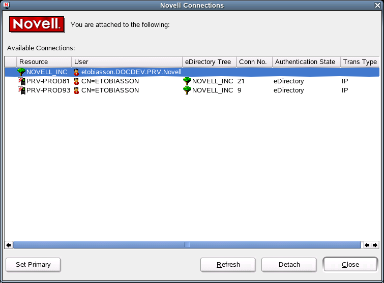 Novell Connections Dialog Box