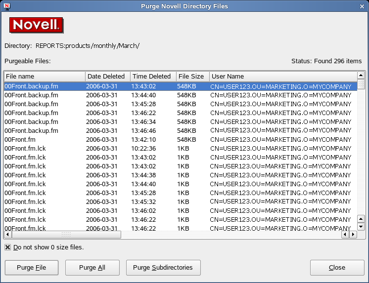Purge Novell Directory Files Dialog Box