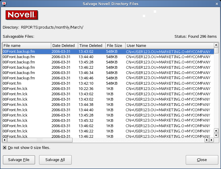Salvage Novell Directory Files Dialog Box
