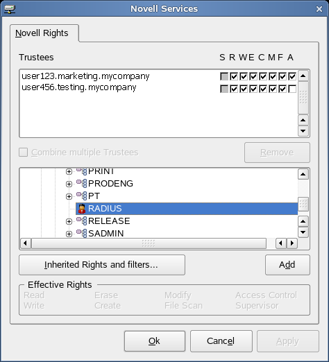 Novell Rights Dialog Box