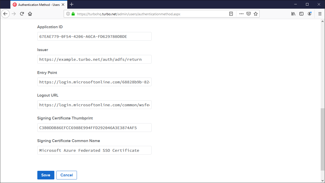 ADFS SSO + SAML 2.0 server settings