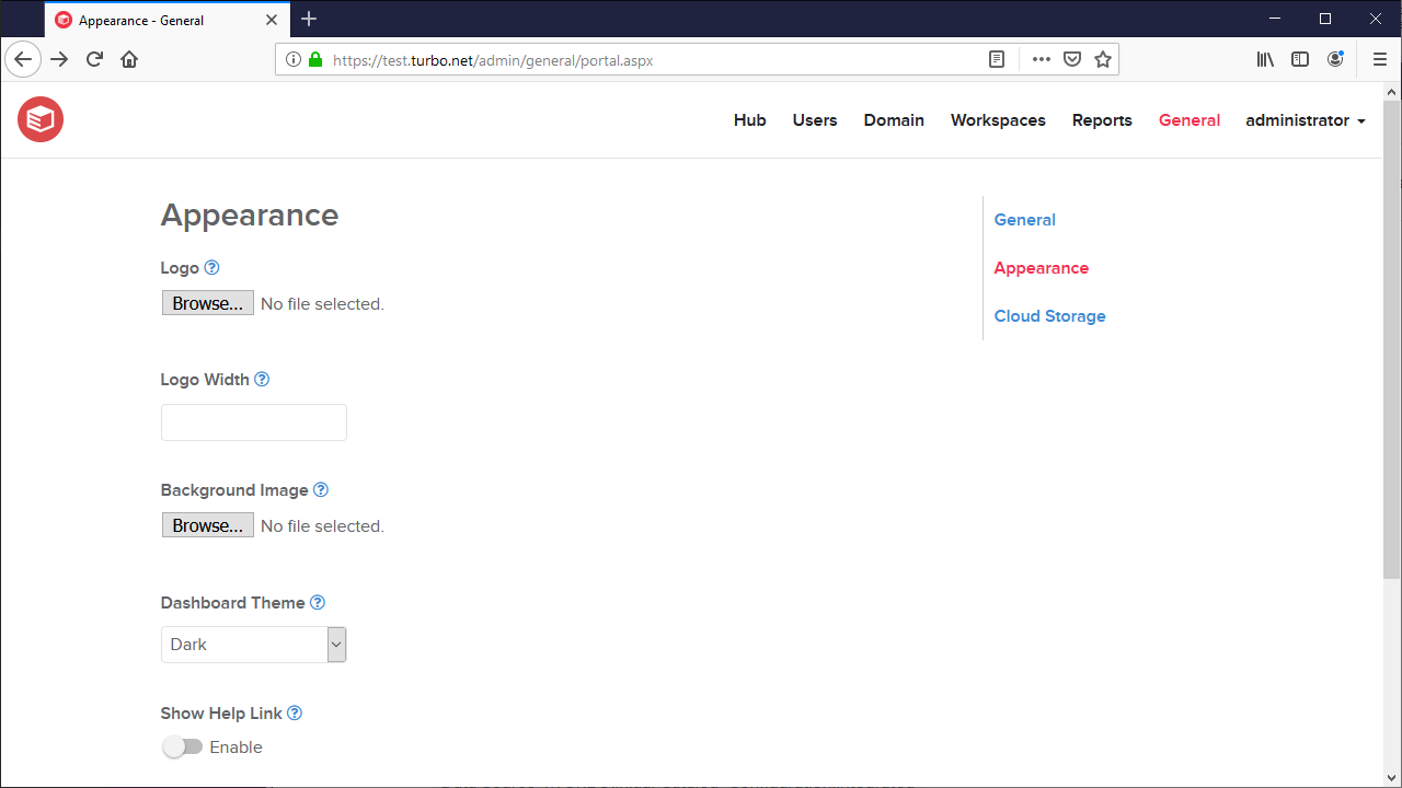 Server admin portal appearance