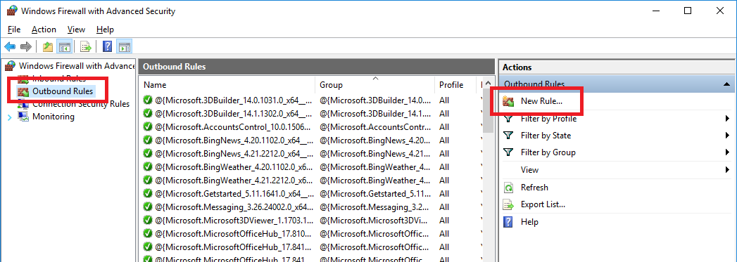 Firewall new outbound rule