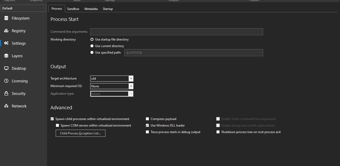 Turbo Studio Process Settings