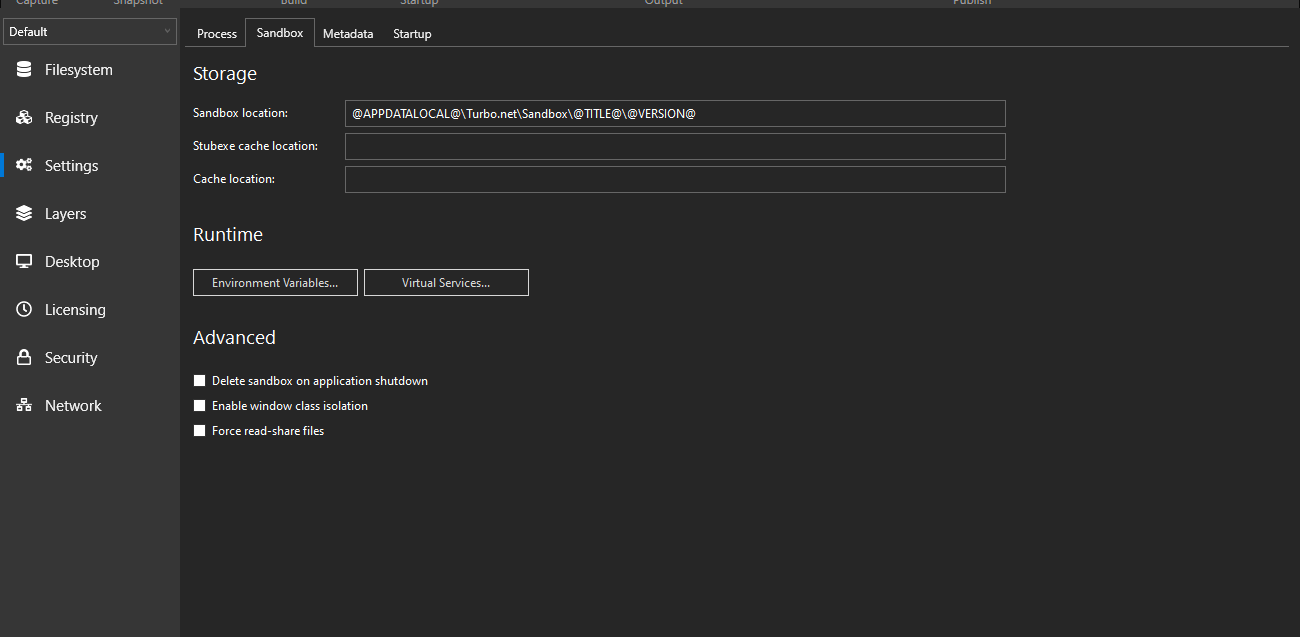 Turbo Studio Sandbox Settings