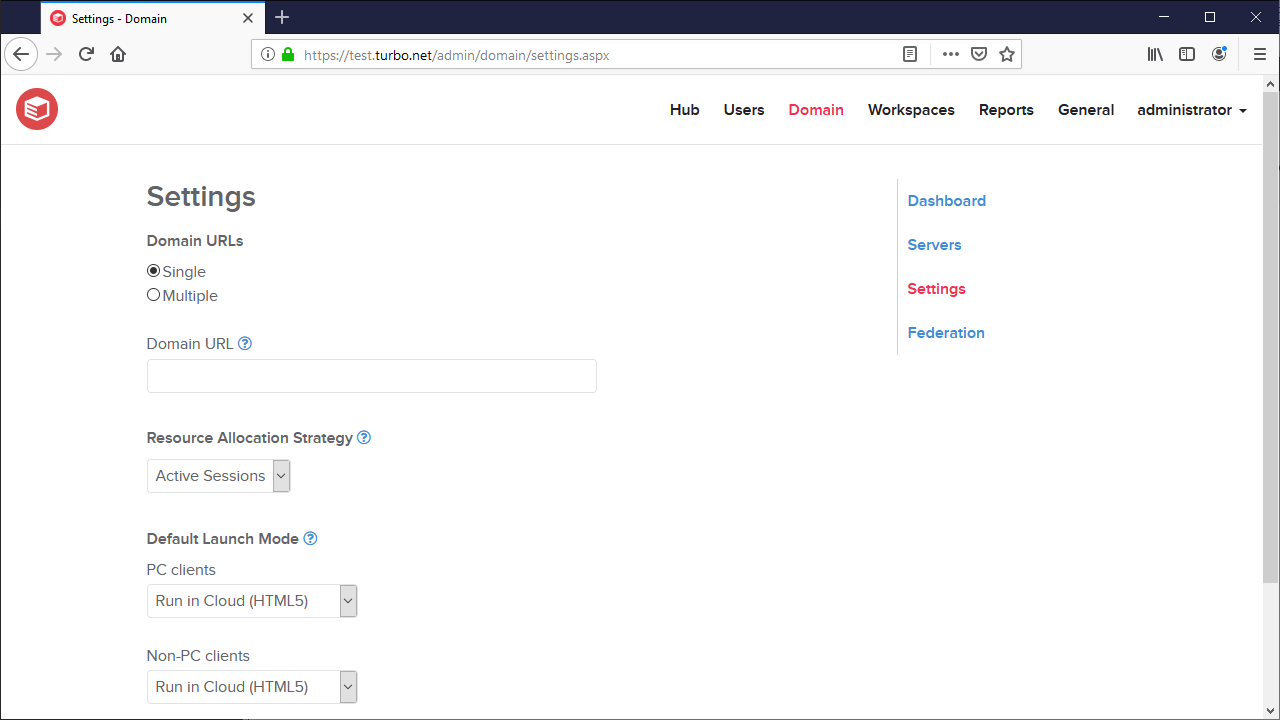 Server admin domain settings