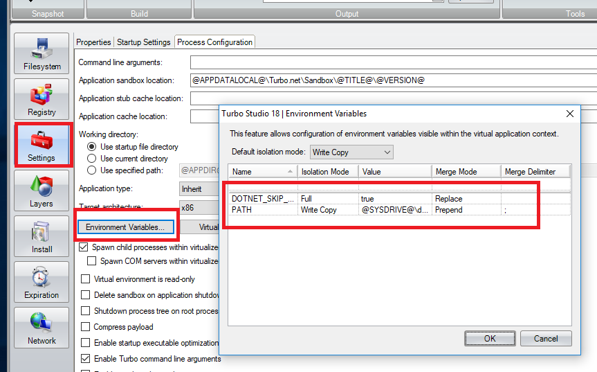 Studio .NET core environmental variables