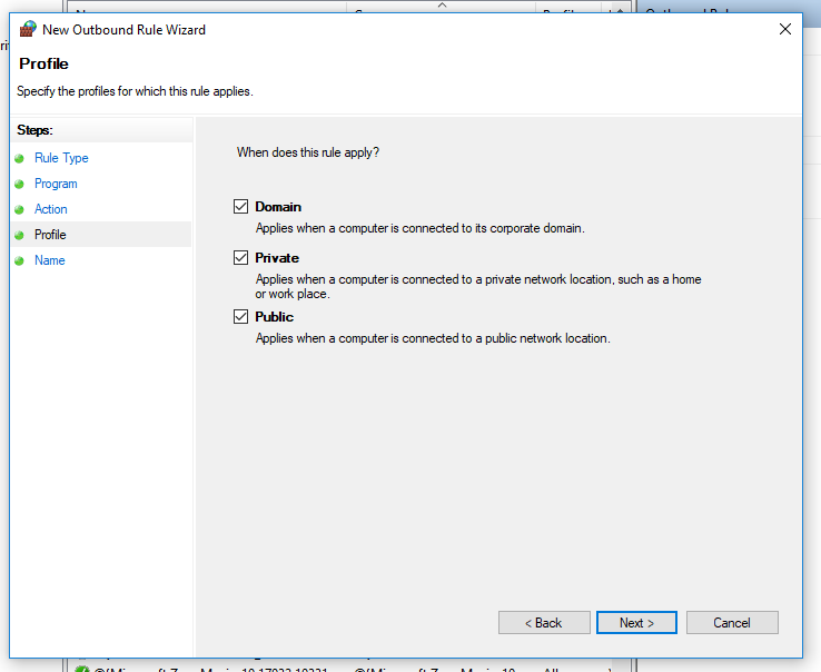 Firewall outbound rule profile