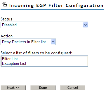 Incoming EGP Filter configuration page