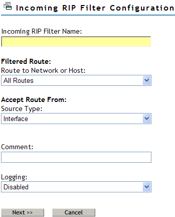 Configuring the incoming RIP Filter Configuration