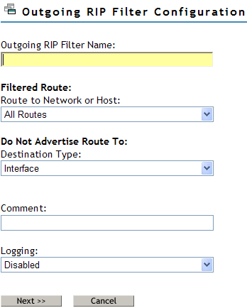 Configuring the incoming RIP Filter Configuration