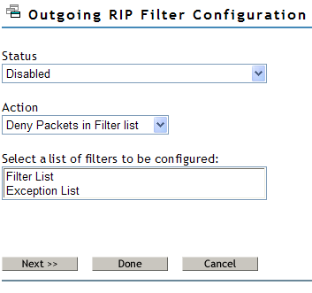 Outgoing RIP Filter configuration page