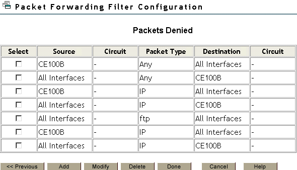 Packet Forwarding Filter Configuration page