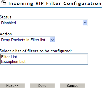 Incoming RIP Filter configuration page