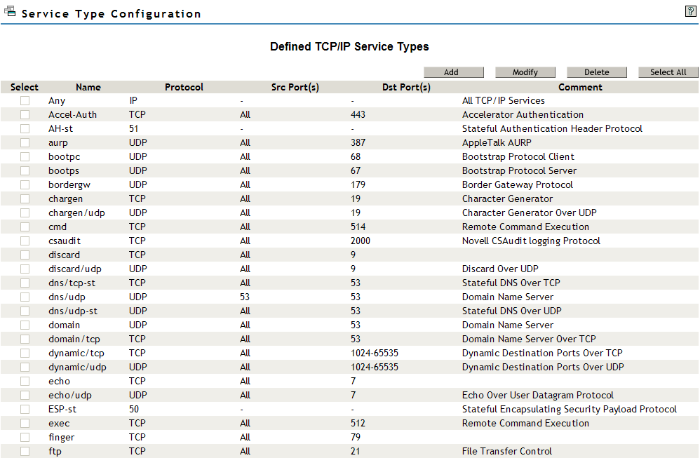 Service Type configuration page