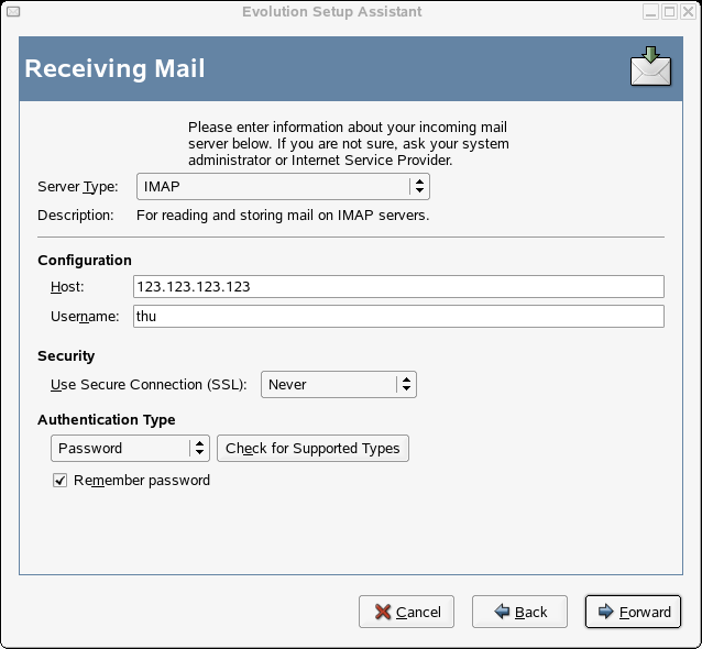 Evolution Setup Assistant Receiving Mail Section