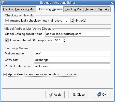 Creating an Exchange Account, Step Three: Mail Options