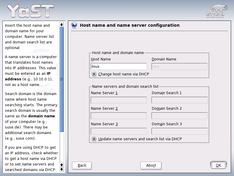 Host Name and Name Server Configuration menu