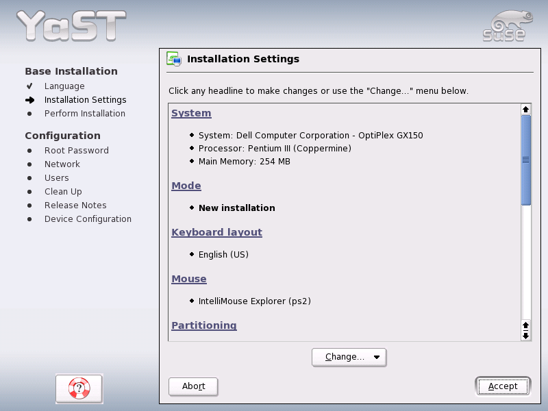 Installation Settings menu