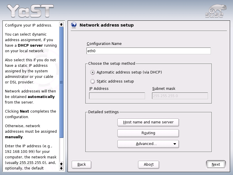 Network Address Setup menu