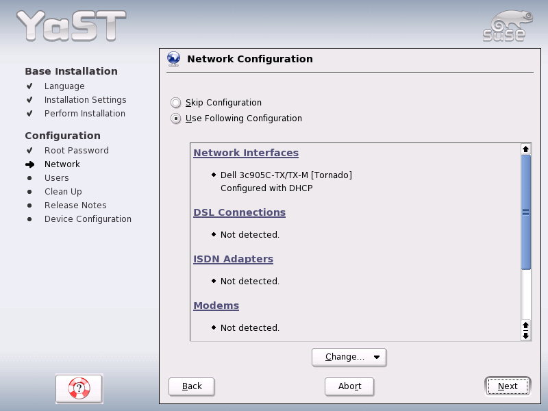 Network Configuration menu