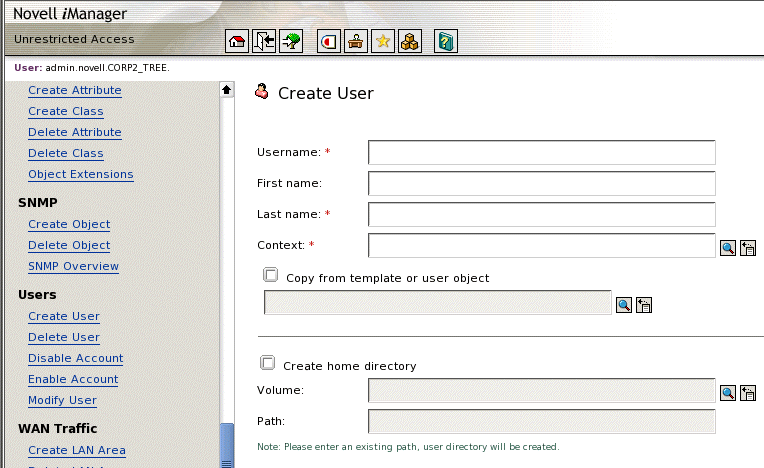 iManager Create User page