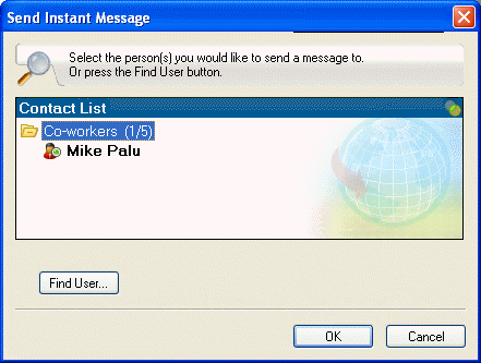 Send Instant Message dialog box showing the Find User button
