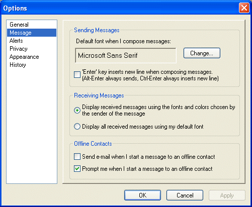 Options dialog box showing the Message page