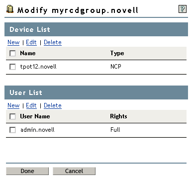 Screen capture of the Modify RCD Group page, displaying the Device List and User List.