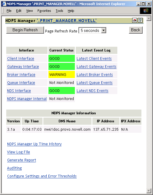 Print Services Manager Health Monitor page