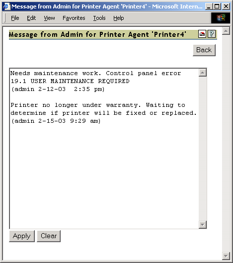 Message from Admin screen