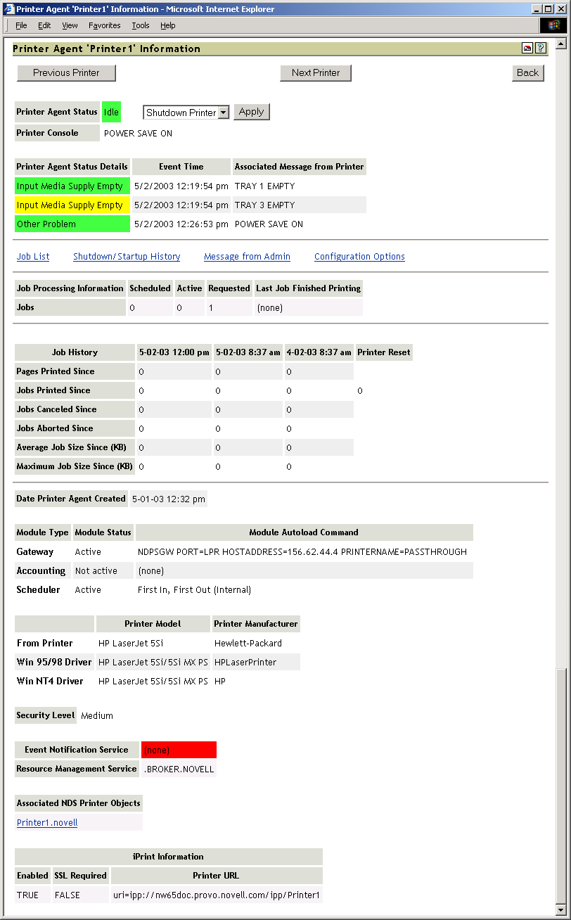 Printer Agent Information page