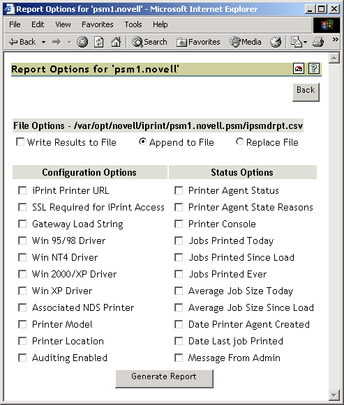 Generate Report Options page