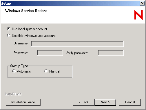 Windows Service Options dialog box
