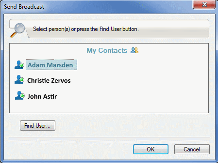 Send Broadcast dialog box showing the Find User button