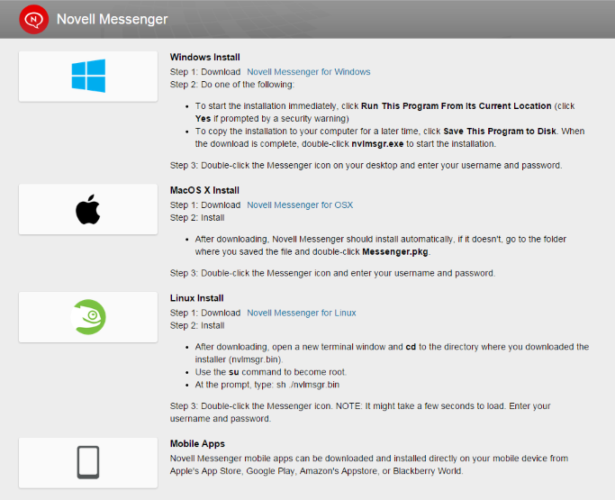 Messenger client download page for a Messenger system on Windows