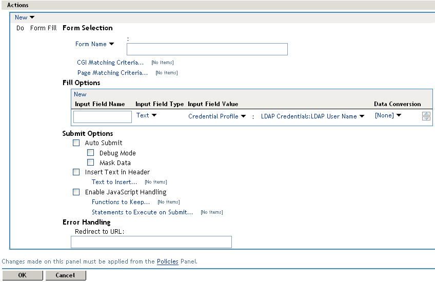 Configuring the actions for a sample form fill policy