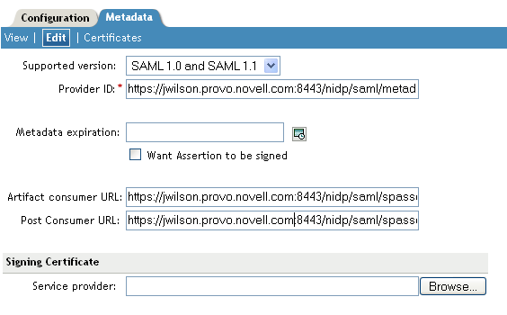 SAML 1.1 identity provider manual metadata entry