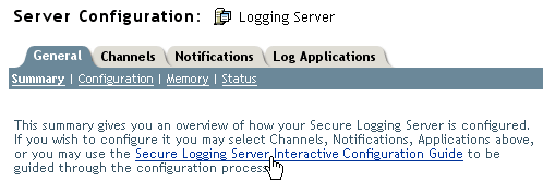 Server Configuration screen showing the Secure Logging Server Interactive Configuration Guide link.