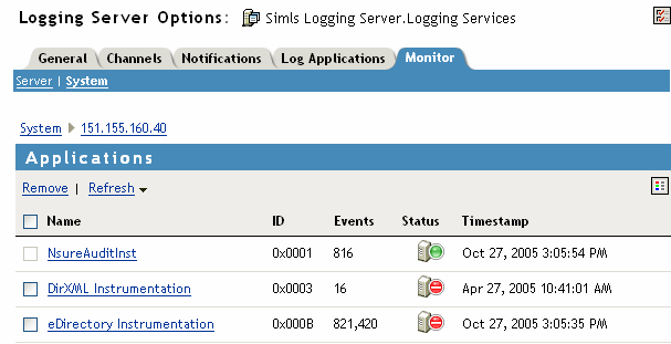 Applications page in the Logging Server object's Monitor screen