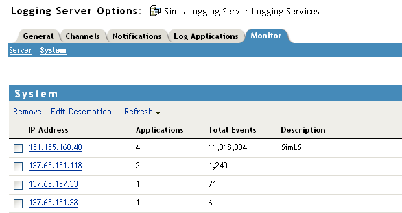Clients page in the Logging Server object's Monitor screen