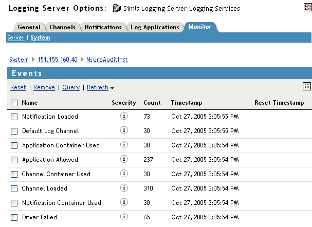 Events page in the Logging Server object's Monitor screen