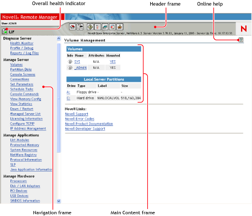 The Novell Remote Manager interface.