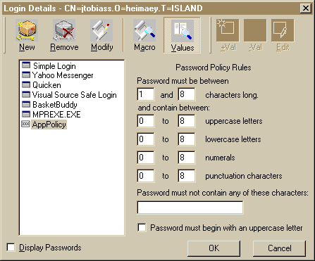 Screen Capture: Values for a Password Policy