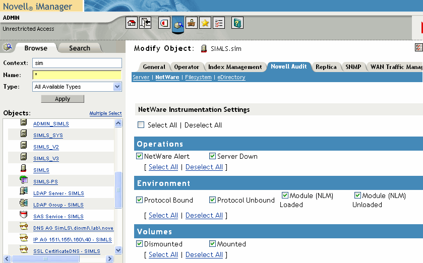 eDirectory, File System, and NetWare events in the NCP Server object.