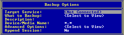Backup Options Screen