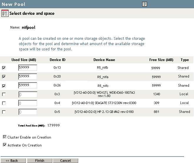 Sample of the Enable on Creation Option for Pools on Shared Devices