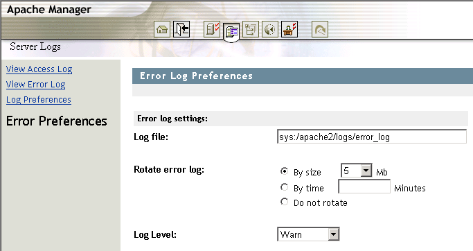 Error Log Settings section of the Error Preferences page