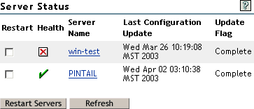 Server Status table showing the current health of two Apache Web servers: One running on Windows, and the other running on NetWare.
